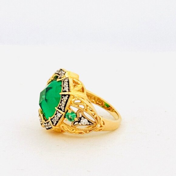 Estate Gold Over Sterling Silver Emerald & CZ Statement Ring, Size 6, 6.82g, Fil - Picture 5 of 10